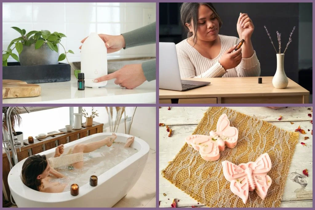 different ways to use essential oils - in a diffuser, rollon, bath tub, and diy soap