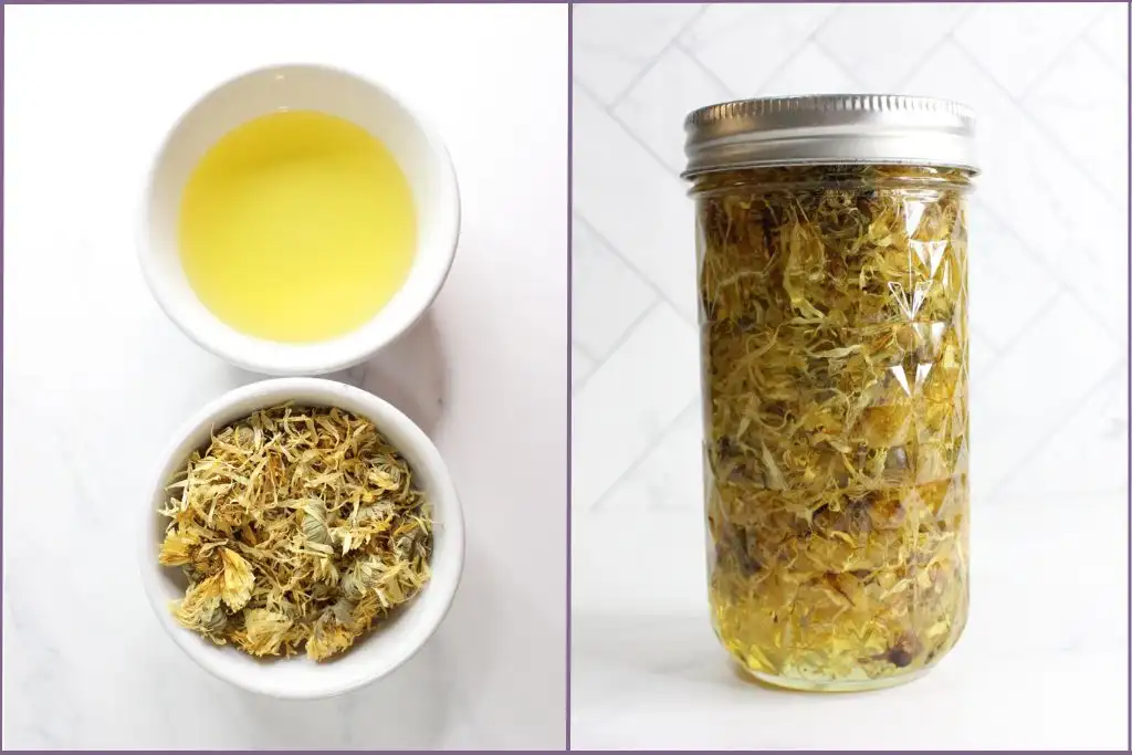 2 bowls with carrier oil and calendula alongside a jar containing both ingredients