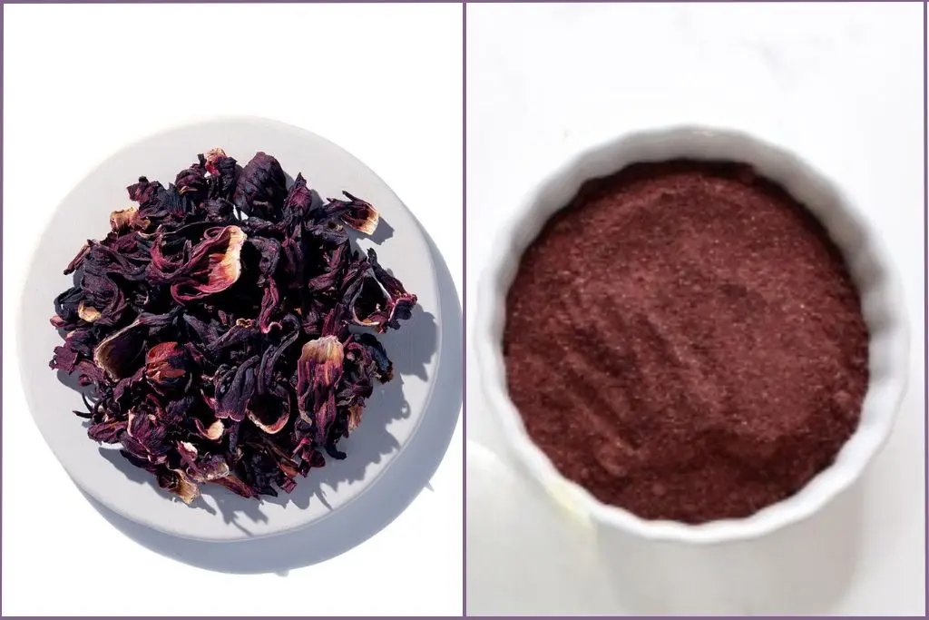 bowl of dried hibiscus flowers and another bowl with powdered petals