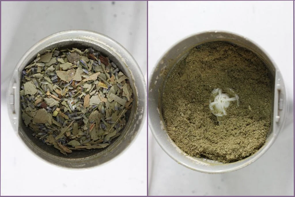 eucalyptus leaves and lavender buds in a mixer + powdered herbs