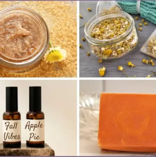 4 fall scented gifts - lip balm, bath soak, body scrub, and soap