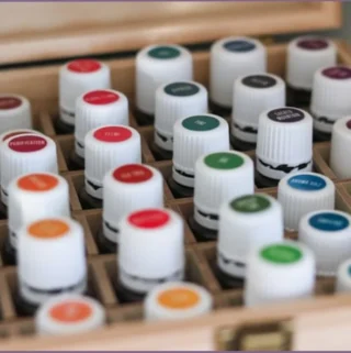essential oil bottles in a storage box