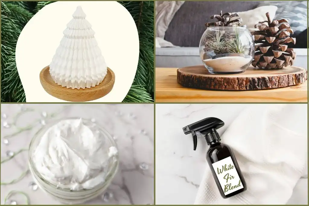 aroma diffuser, body butter, room spray and pinecones- ways to use Christmas essential oil blends