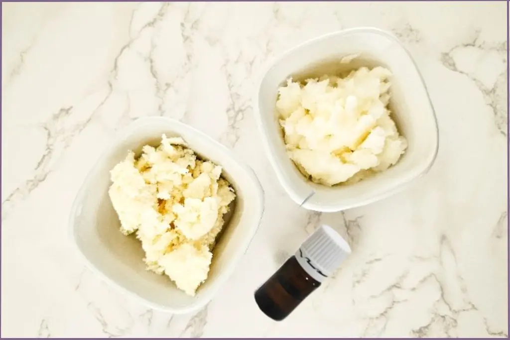 two white bowls with shea butter and solid coconut oil