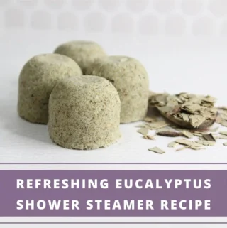 4 homemade eucalyptus shower steamers and a spoon of eucalyptus leaves