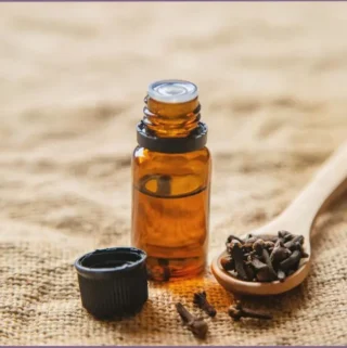 bottle of clove essential oil next to a spoon of clove buds