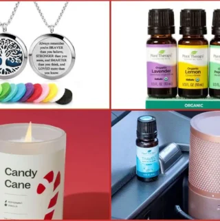 collage of aromatherapy necklace, 3 essential oil bottles, candle, and small diffuser