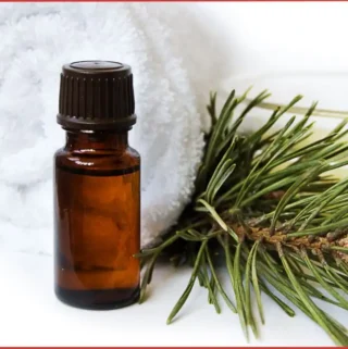 essential oil bottle in front of a white towel and fir branch