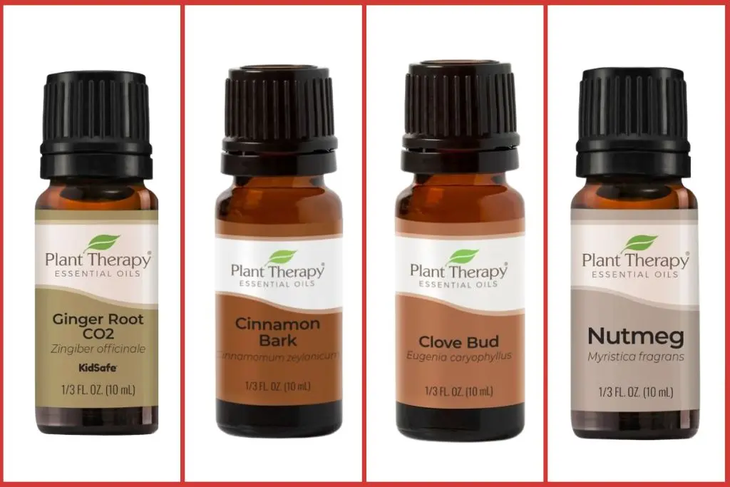 bottles of ginger, cinnamon, clove, nutmeg essential oils for gingerbread diffuser blends