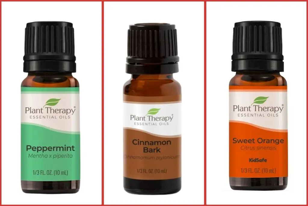 bottles of peppermint, cinnamon, and orange essential oils to make peppermint candy cane diffuser blend