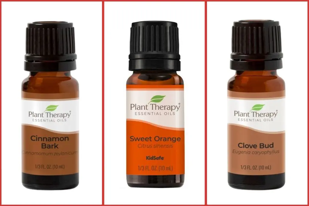 bottles of cinnamon, sweet orange, and clove essential oil