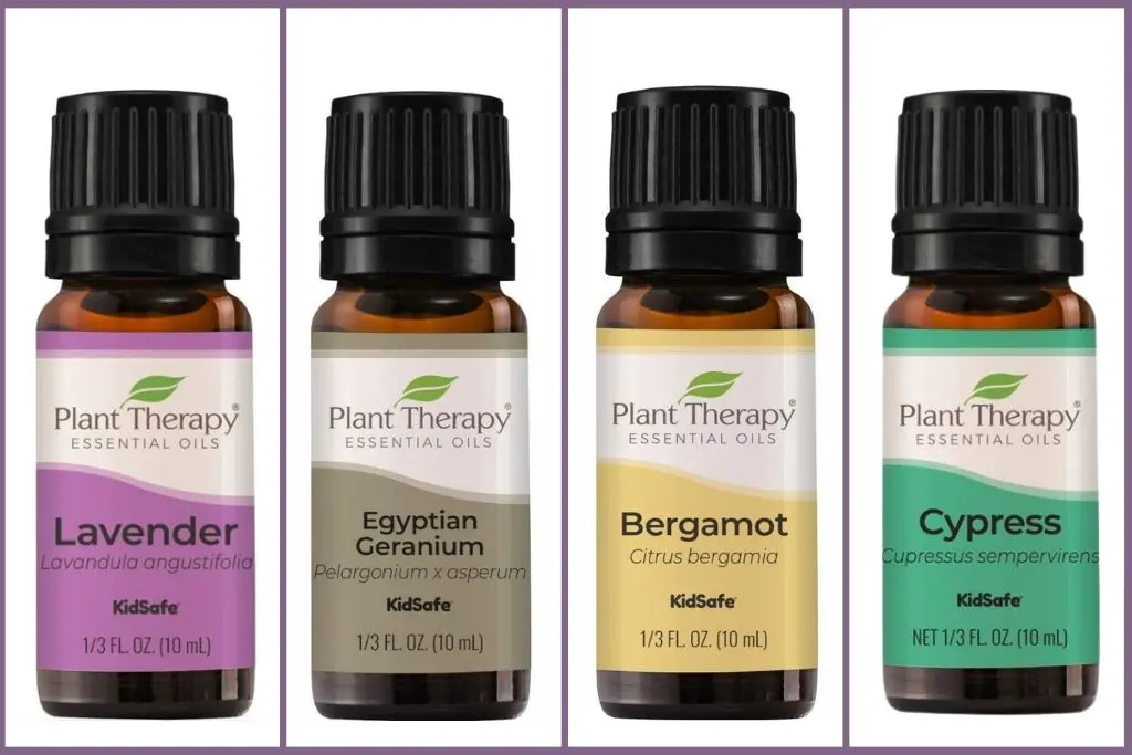 essential oils used to create the spring meadow floral diffuser blend - lavender, geranium, begamot, and cypress