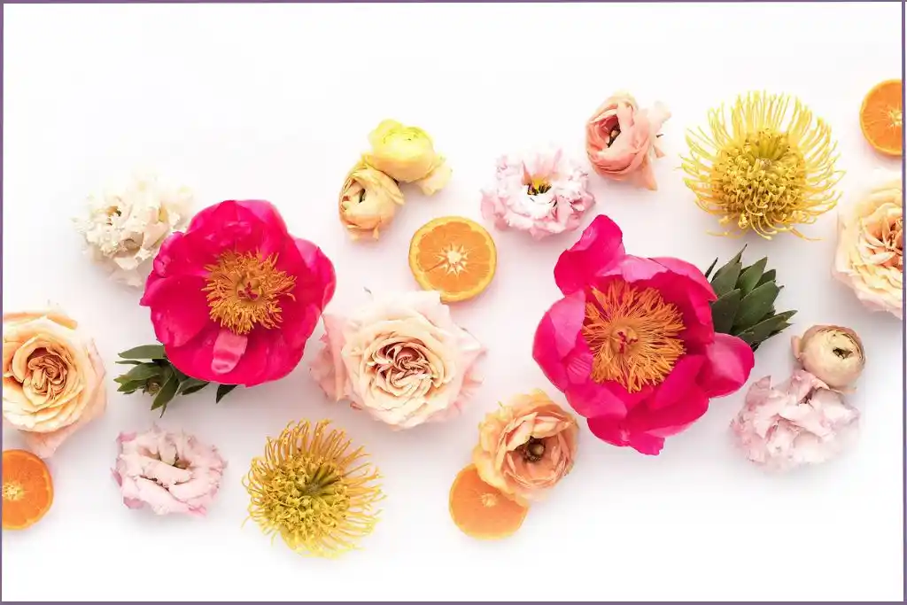 pink flowers and orange slices scattered over background