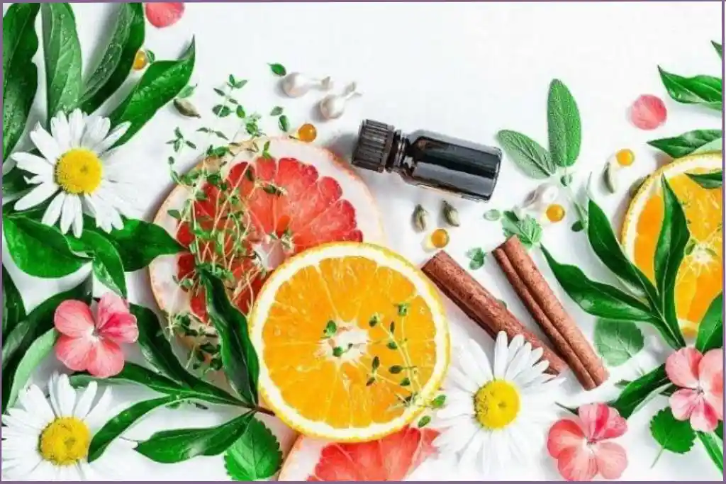 flowers and citrus slices next to an essential oil bottle - Exotic tropical essential oil blends