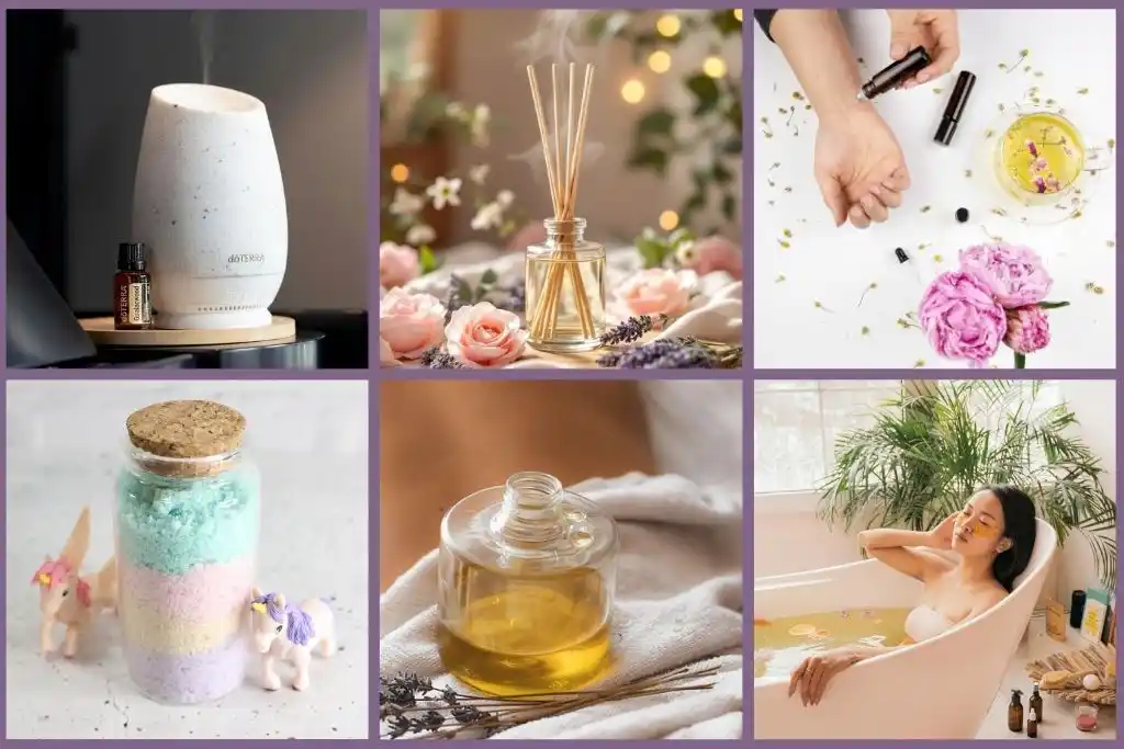 different ways to use essential oils using a diffuser, massage oil, roll on bottle and in the bath