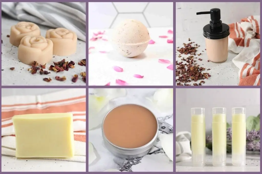 collage of DIY items made using rose oil - salve, bath bombs, conditioner bar and lip balm