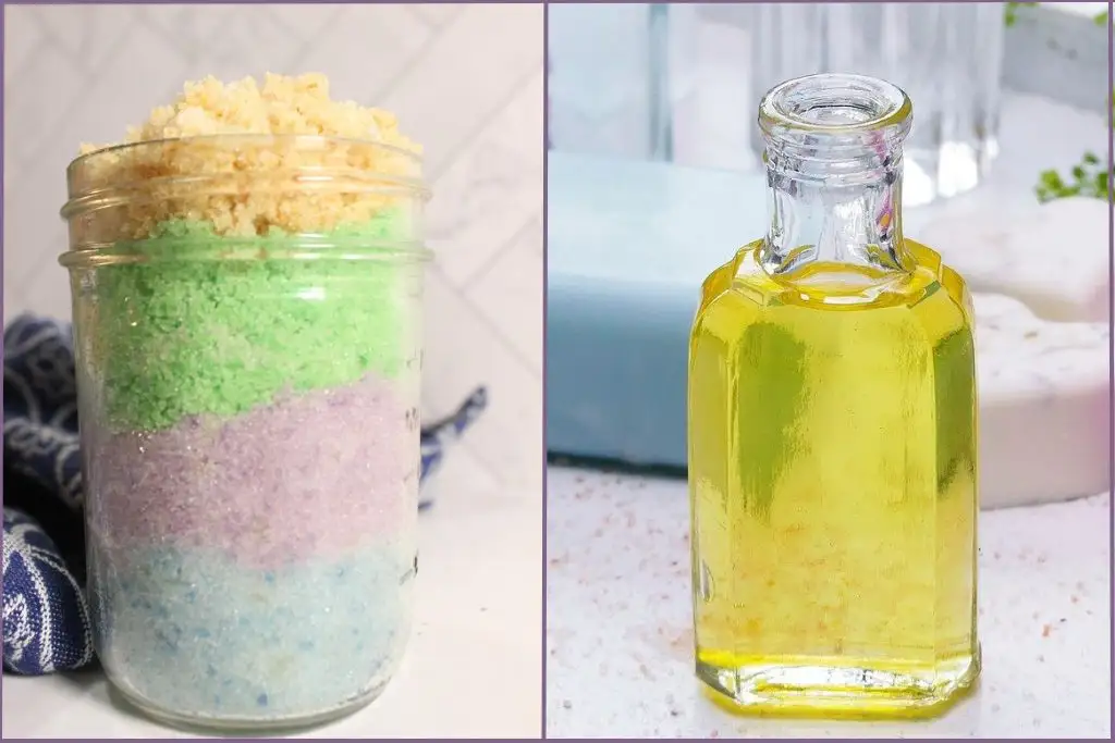 jar with pastel sugar scrub and bottle with body oil made with cooling essential oils