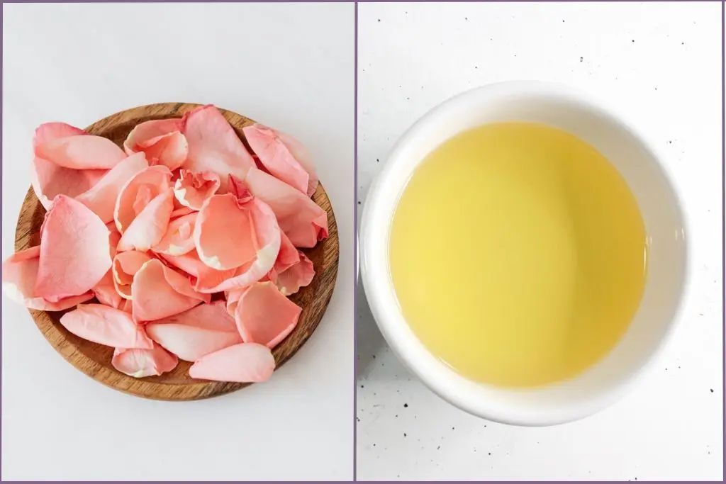 two white bowls - one with fresh rose petals and the second with carrier oil