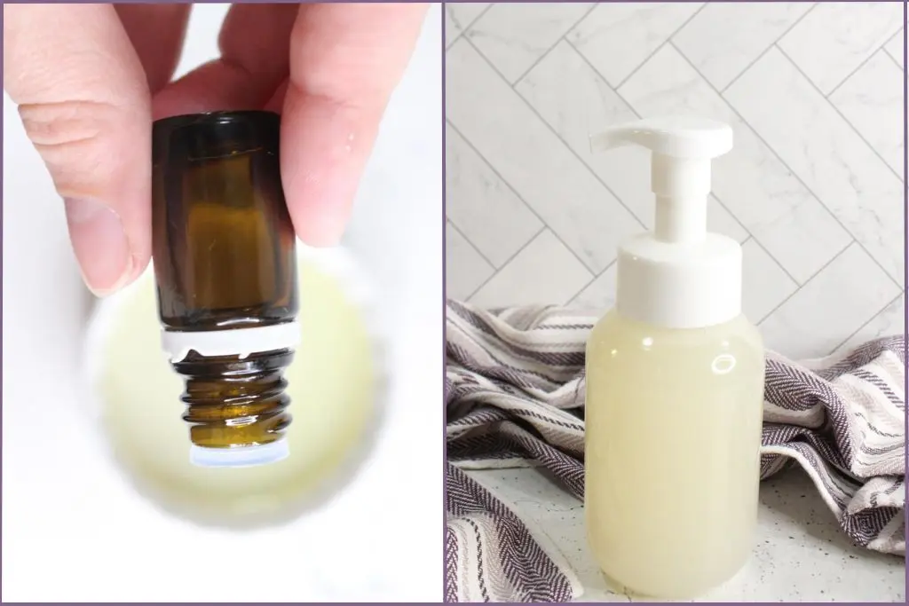 Pump soap bottle and hand putting essential oil in a bowl with carrier oil used to scent homemade foaming hand soap recipe.