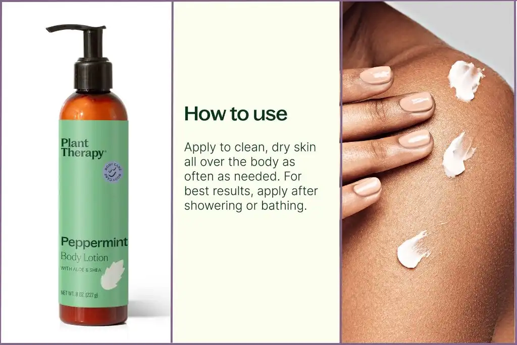 Bottle of Plant Therapy peppermint body lotion for skin with instructions on how to use
