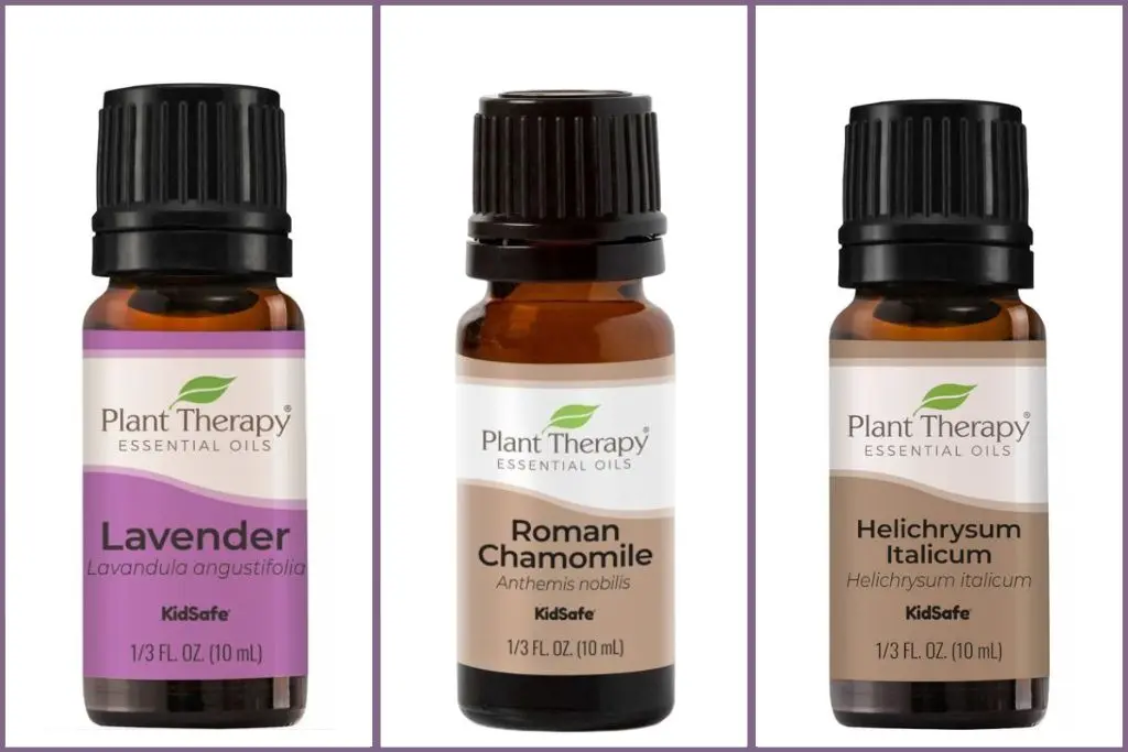 3 Plant Therapy essential oil bottles for after-sun care