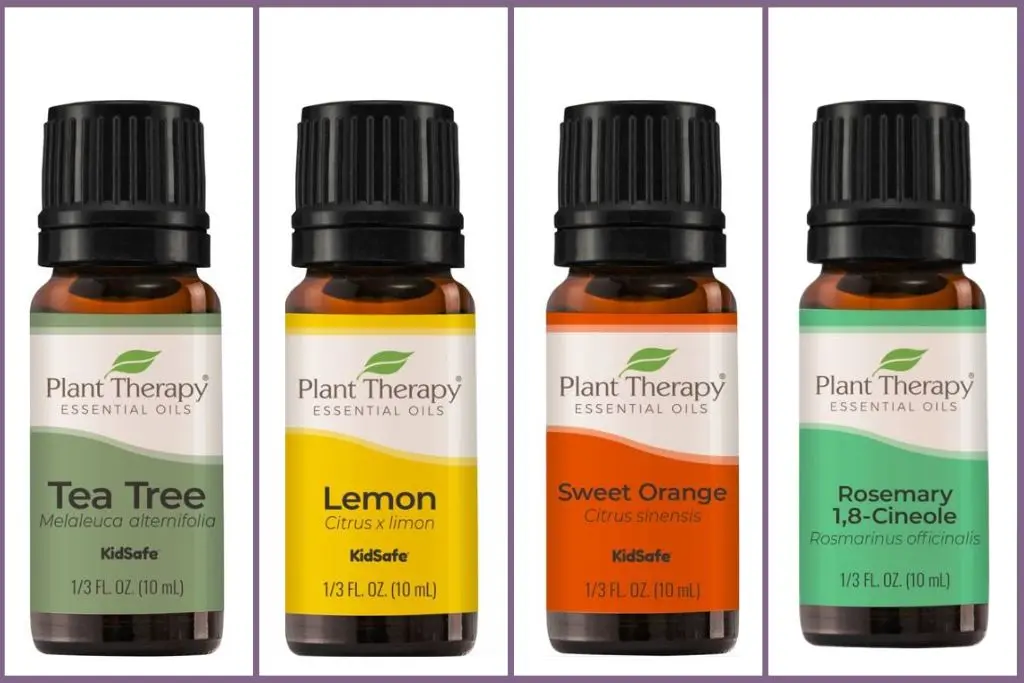 4 Plant Therapy essential oil bottles for outdoor odor control