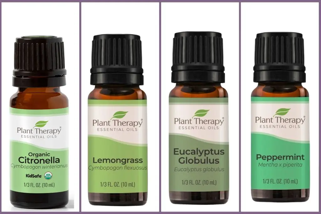 4 Plant Therapy essential oil bottles to use outdoors to deter bugs