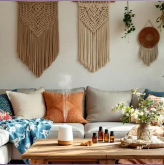 boho setting with colorful cushions and macrame wall hanging. On the wooden center table is an essential oil diffuser with boho chic diffuser blend