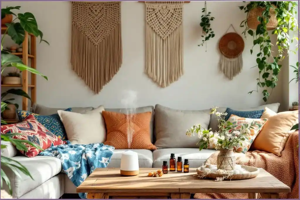 boho setting with colorful cushions and macrame wall hanging. On the wooden center table is an essential oil diffuser with boho chic diffuser blend