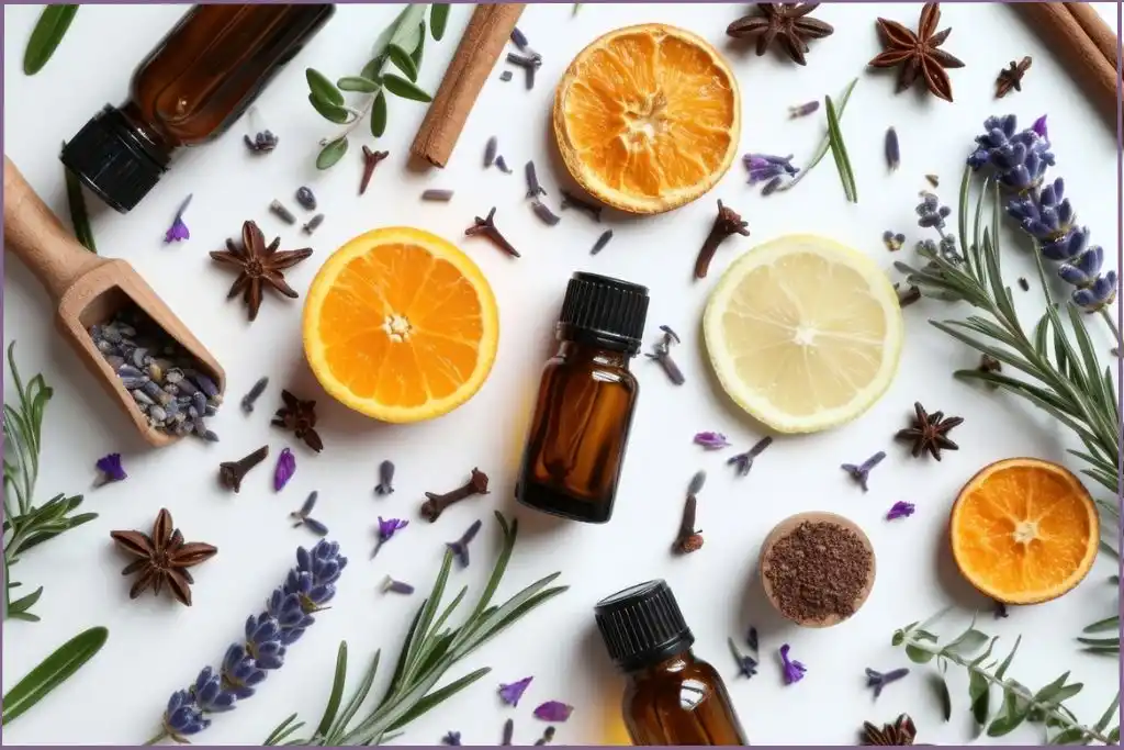 flay lay image of essential oil bottles, citrus slices, lavender flower, and aniseed