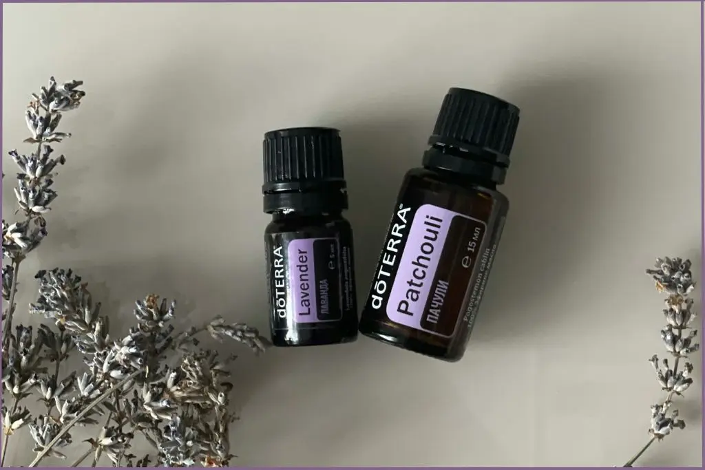 Bottles of lavender and patchouli essential oil - Cozy & Calming Boho Chic Diffuser Blend recipe