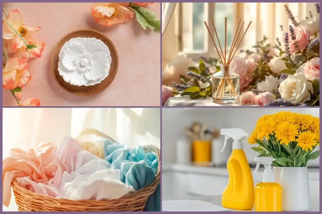 image showing different ways to use the spring meadow floral essential oil blend - passive diffuser, reed diffuser, laundry freshener, and room spray