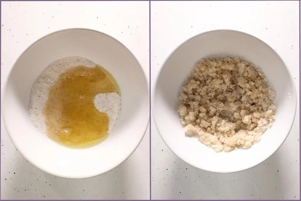 two white bowls - one with fine Himalayan salt and carrier oil the second shows the two mixed