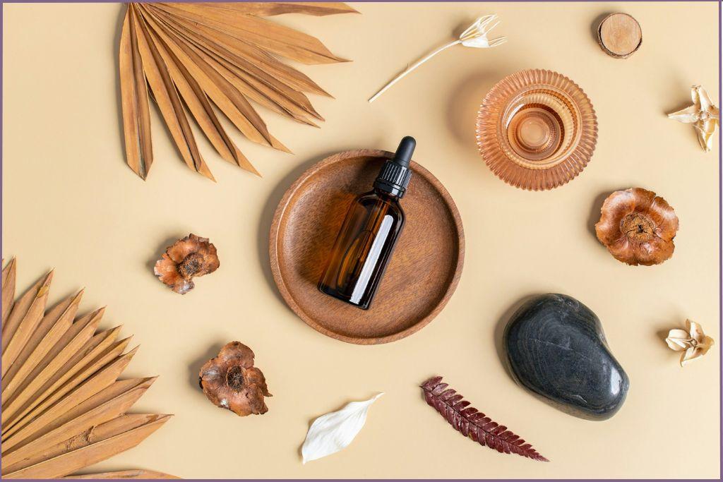 essential oil bottle surrounded by an ashtray and botanicals - essential oils for manifestation