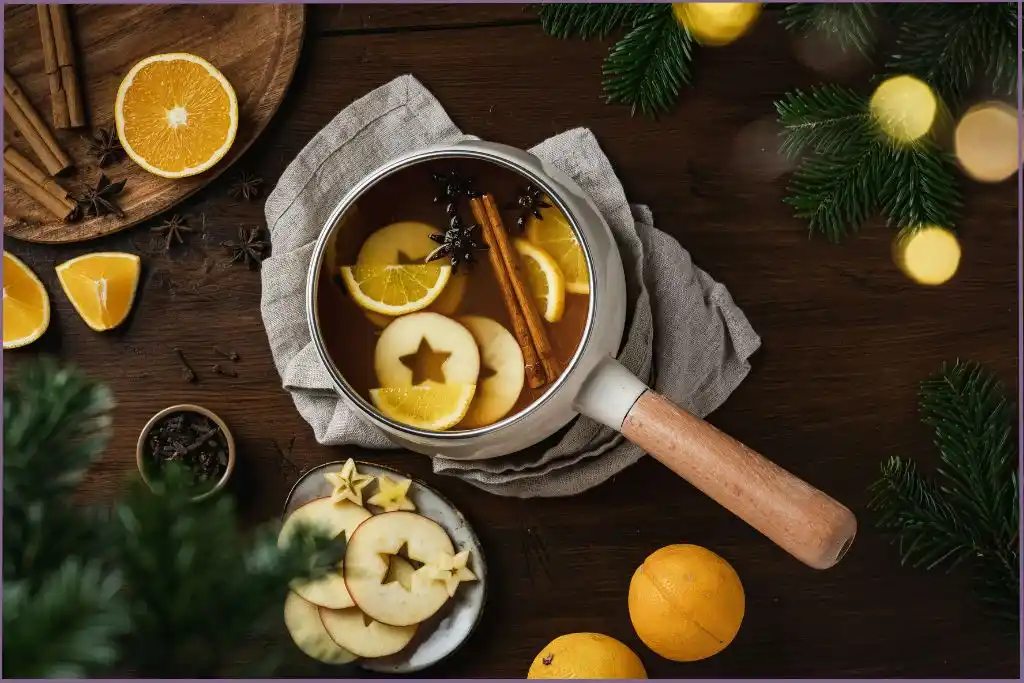 apple and lemon slices, cinnamon sticks, star anise and water in a pot - Fall orchard stovetop potpourri recipe