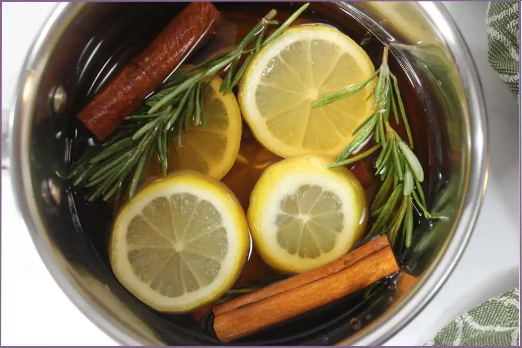 lemon slices, cinnamon sticks, and rosemary sprigs and water in a pot - spring stovetop potpourri recipe