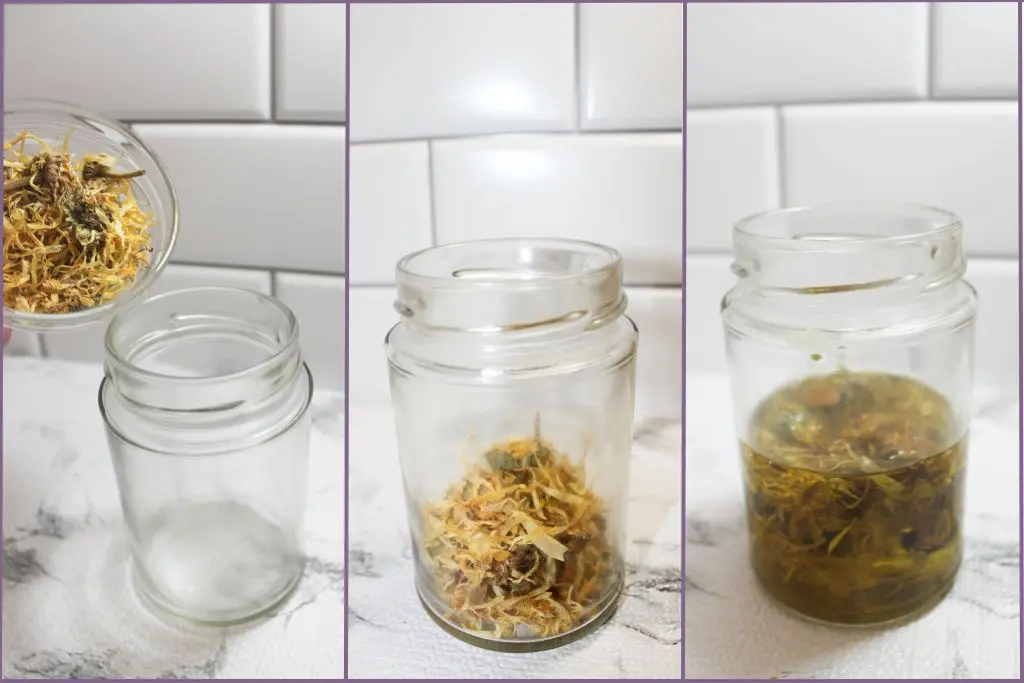 3 images showing step by step to make calendula oil - Adding calendula flowers in glass jar, dried flowers in a glass jar, carrier oil added to the dried flowers