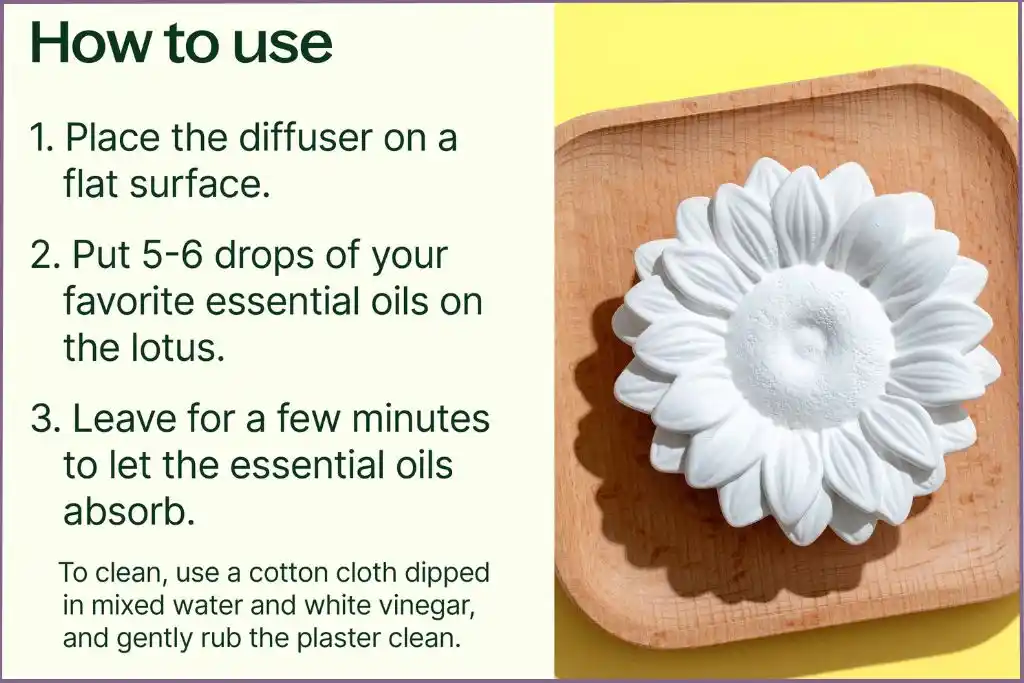 Plant Therapy sunflower passive diffuser on a small square wooden holder with instructions on how to use