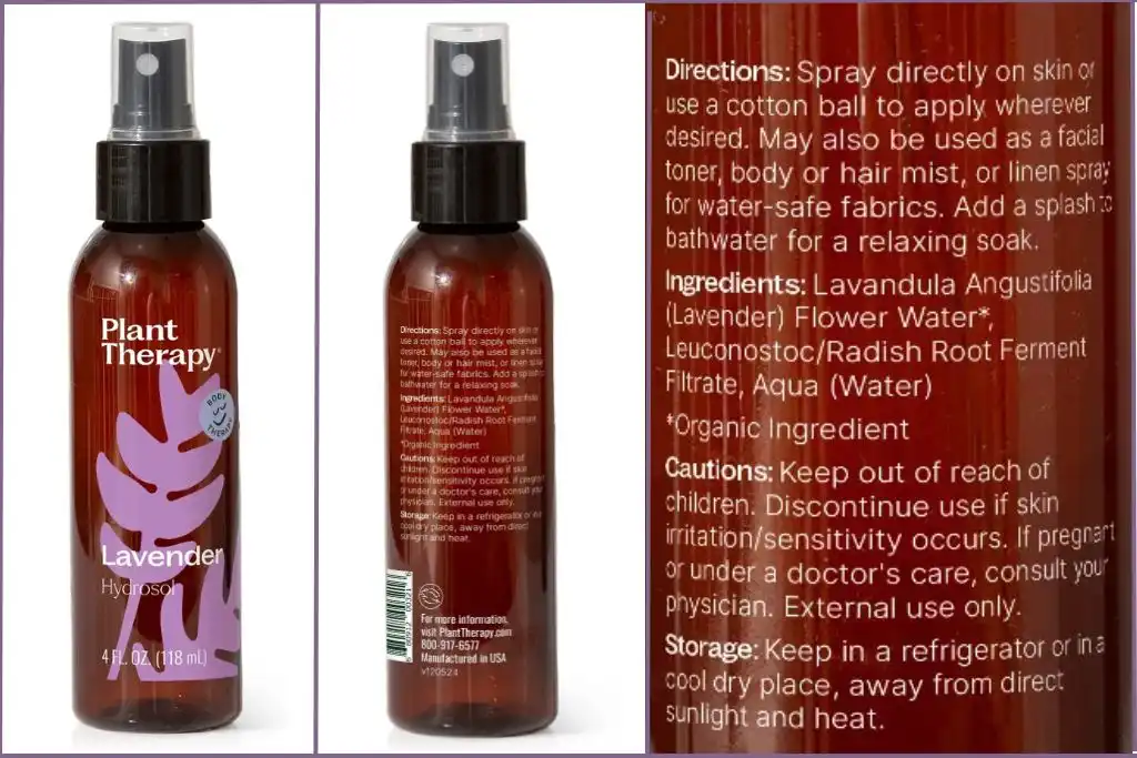 Bottle of Plant Therapy lavender hydrosol with a closeup of the label