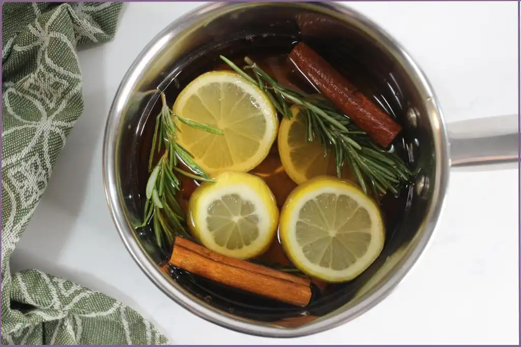 lemon slices, cinnamon sticks, and rosemary sprigs and water in a pot - simmer pot recipes for every season