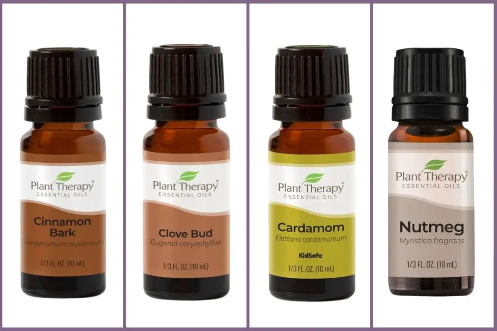 cinnamon bark, clove bud, cardamom, and nutmeg essential oils for Thanksgiving
