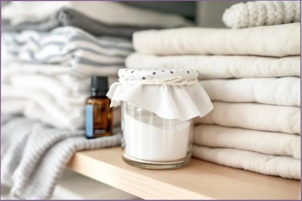 bottle of baking soda scented with essential oils on a closet shelf - natural closet fresheners with essential oils
