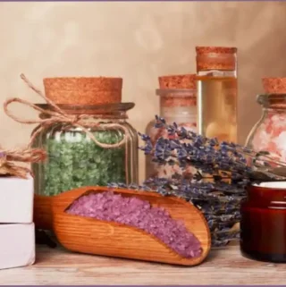Bottles with bath salts in different colors