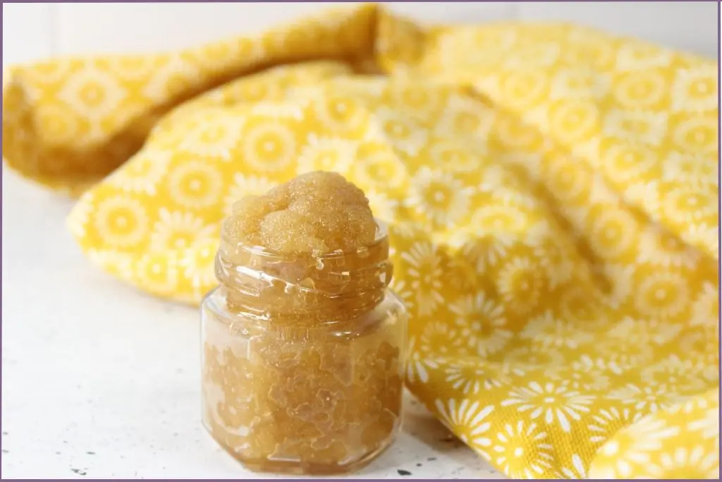 Bottle of homemade honey lip scrub - how to use