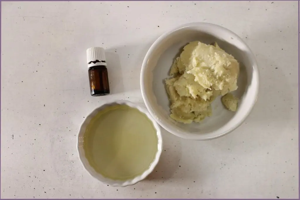 Ingredients to make pumpkin spice whipped body butter - shea butter, carrier oil, and pumpkin spice essential oil blend