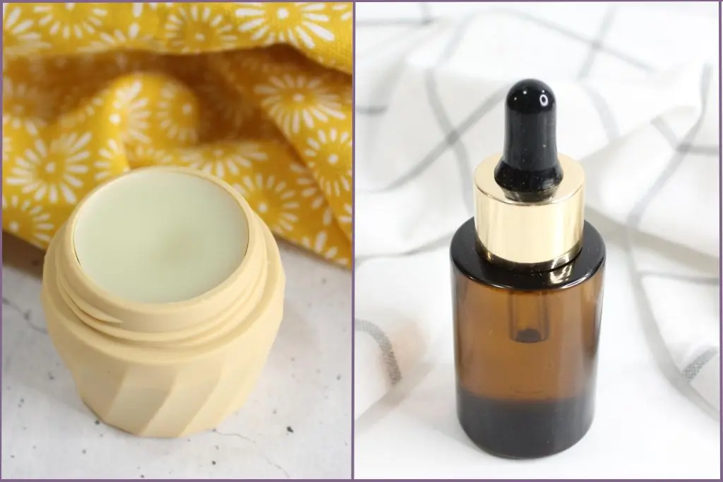 Container with homemade cuticle balm and cuticle oil bottle with dropper