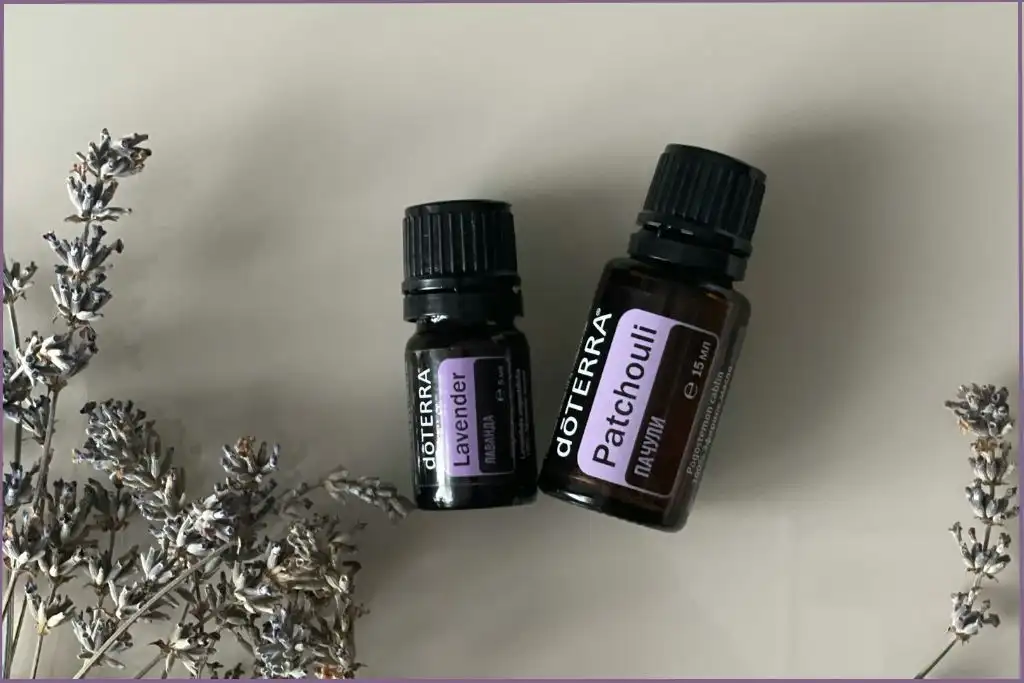 bottles of lavender and patchouli essential oil to create meditation blends