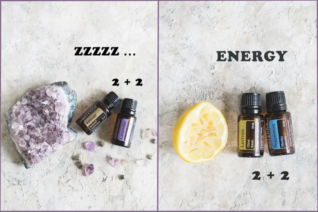 1 image of lavender and vetiver essential oils and the second of lemon and peppermint essential oils - 2 categories of synergy blends