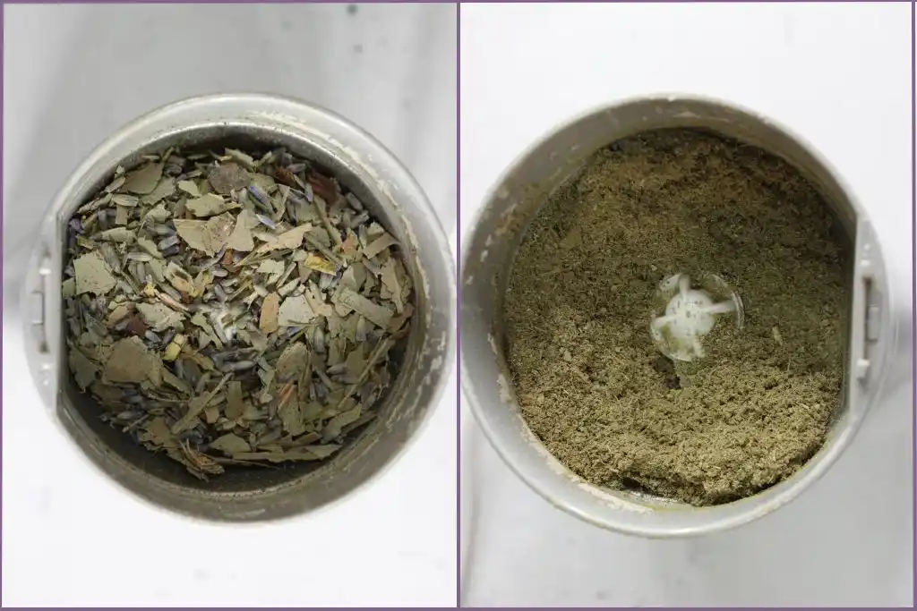 2 grinder containers showing before and after grinding dried lavender and eucalyptus