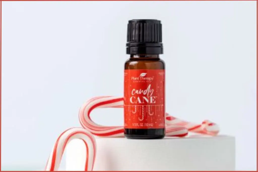Bottle of Plant Therapy candy cane essential oil bottle to scent homemade Christmas bath bombs.